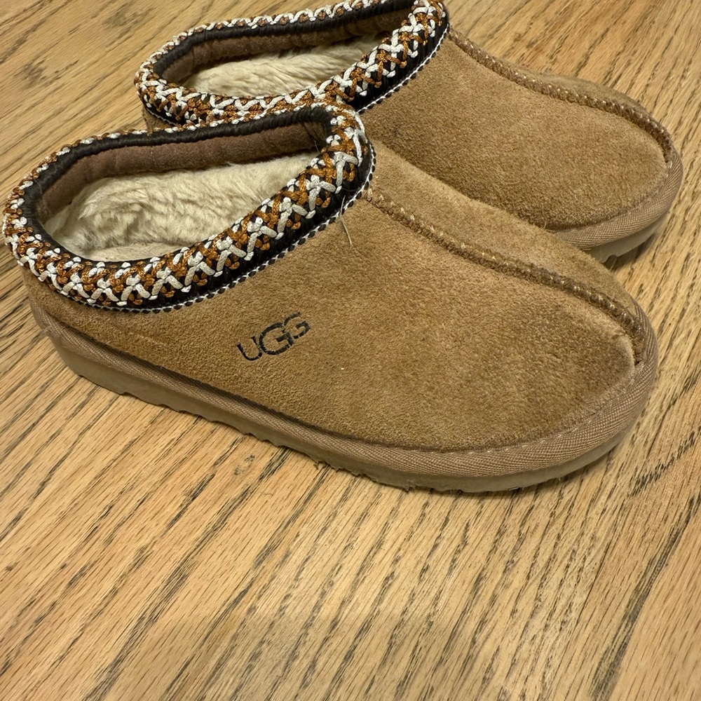 UGG Tan Suede Slippers with Patterned Trim